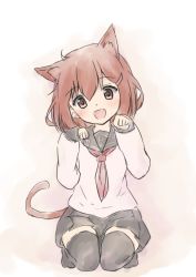 Rule 34 | 10s, 1girl, animal ears, blush, brown eyes, brown hair, cat ears, cat tail, fang, hair ears, hair ornament, hairclip, highres, ikazuchi (kancolle), kantai collection, kemonomimi mode, looking at viewer, neckerchief, open mouth, paw pose, school uniform, seiza, serafuku, short hair, sitting, skirt, smile, solo, tail, thighhighs, wamu (chartreuse)