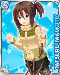 Rule 34 | 1girl, blue background, brown hair, buttons, camouflage, card, character name, curled fingers, dropping, firewood, girlfriend (kari), grey eyes, iwamoto tatsuru, jacket, leggings, official art, ponytail, qp:flapper, shorts, solo, standing, surprised, v-shaped eyebrows