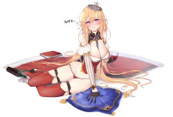 Rule 34 | 1girl, au11, azur lane, bare shoulders, black gloves, blonde hair, blush, bottle, breasts, cleavage cutout, clothing cutout, cup, detached sleeves, drinking glass, drunk, french flag, fur trim, gloves, half gloves, highres, large breasts, long hair, maltese cross, open mouth, panties, purple eyes, red panties, red thighhighs, richelieu (azur lane), skindentation, solo, thigh strap, thighhighs, tiara, underwear, very long hair, wine bottle, wine glass