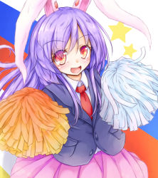 Rule 34 | 1girl, animal ears, blush, cookie (touhou), dhi xyon, hisui (cookie), long hair, looking at viewer, necktie, open mouth, pom pom (cheerleading), purple hair, purple skirt, rabbit ears, red eyes, red necktie, reisen udongein inaba, skirt, smile, solo, star (symbol), touhou