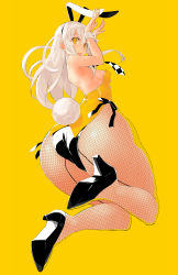 Rule 34 | 1girl, animal ears, ass, breasts, checkered clothes, checkered necktie, checkered neckwear, fake animal ears, fishnet pantyhose, fishnets, foreshortening, from below, full body, hairband, hands up, high heels, highres, kekemotsu, leotard, long hair, necktie, original, pantyhose, playboy bunny, rabbit ears, rabbit pose, rabbit tail, sideboob, sidelocks, simple background, small breasts, solo, tail, white hair, wrist cuffs, yellow background, yellow eyes
