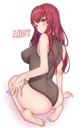 Rule 34 | 1girl, :o, absurdres, ass, bare arms, barefoot, black leotard, blush, breasts, commentary request, covered erect nipples, english text, feet, from behind, hashira 14, heterochromia, highres, hololive, houshou marine, large breasts, leotard, long hair, looking at viewer, looking back, open mouth, red eyes, red hair, seiza, sideboob, simple background, sitting, soles, solo, straight hair, virtual youtuber, white background, yellow eyes