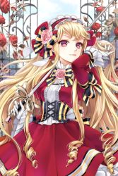Rule 34 | 1girl, blonde hair, bow, cinia pacifica, cocoon (loveririn), corset, dress, drill hair, flower, frills, gloves, hairband, long hair, lowres, pink eyes, rapier, red dress, ribbon, rose, smile, solo, sword, sword girls, weapon