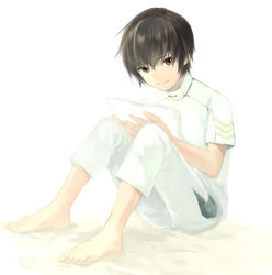 Rule 34 | 1boy, bad id, bad pixiv id, barefoot, black hair, book, brown eyes, feet, full body, jude mathis, looking at viewer, male focus, maruishi, official alternate costume, reading, sitting, smile, solo, tales of (series), tales of xillia, white background