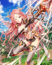 Rule 34 | 1girl, armor, boots, breasts, choker, cleavage, cloud, day, fantasy, flying, gabiran, gloves, long hair, medium breasts, miniskirt, navel, official art, one eye closed, parted lips, pink eyes, pink hair, polearm, shoulder armor, side slit, skirt, sky, smile, solo, pauldrons, swinging, tenkuu no crystalia, thigh boots, thighhighs, weapon