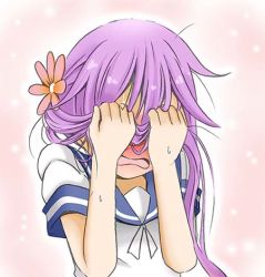 Rule 34 | 10s, 1girl, akebono (kancolle), blush, covering face, embarrassed, flower, gradient background, hair flower, hair ornament, holding, holding hair, kantai collection, long hair, lowres, open mouth, purple hair, school uniform, shino (ponjiyuusu), side ponytail, solo