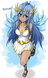 Rule 34 | 1girl, ameneko kuro, andromeda (p&amp;d), arms behind back, blue hair, breasts, cleavage, commentary request, dark-skinned female, dark skin, dress, gladiator sandals, hair between eyes, highres, long hair, looking at viewer, puzzle &amp; dragons, sandals, sleeveless, smile, solo, standing, standing on one leg, translation request, white dress