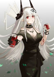 Rule 34 | 1girl, absurdres, arknights, bare shoulders, black dress, breasts, cleavage, commentary request, cowboy shot, cup, dress, drinking glass, earrings, gloves, gradient background, grey background, highres, holding, holding cup, horns, jewelry, li xi de jiumeng, long hair, looking at viewer, medium breasts, mudrock (arknights), mudrock (obsidian) (arknights), necklace, official alternate costume, parted lips, partial commentary, pointy ears, red eyes, short sleeves, solo, standing, very long hair, white hair