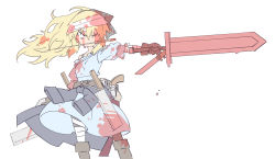 Rule 34 | 1girl, bandages, blood, blood on face, blood on clothes, cleaver, clothes around waist, dress, dual wielding, female focus, flat color, gloves, gun, highres, holding, holding sword, holding weapon, jacket, jacket around waist, long hair, masikakuma, mouth hold, one eye closed, original, simple background, solo, sword, weapon, white background