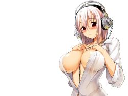 Rule 34 | blush, breasts, headphones, highres, large breasts, nitroplus, open clothes, open shirt, shirt, short hair, super sonico, wallpaper