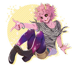 Rule 34 | 10s, 1girl, :d, alternate costume, ashido mina, black sclera, blush, boku no hero academia, breasts, casual, colored sclera, colored skin, full body, horns, jewelry, lowah, nail polish, open mouth, pantyhose, pantyhose under shorts, pink hair, pink skin, red nails, shirt, short sleeves, shorts, smile, solo, striped clothes, striped shirt, teeth, yellow eyes
