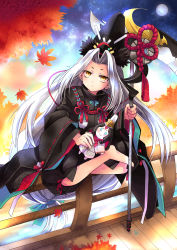 Rule 34 | absurdly long hair, androgynous, autumn leaves, barefoot, black hat, doll, gender request, hakudouji, hat, highres, japanese clothes, liymm, long hair, looking at viewer, male focus, moon, on railing, onmyoji, outdoors, railing, sickle, sitting, solo, very long hair, white hair, wide sleeves