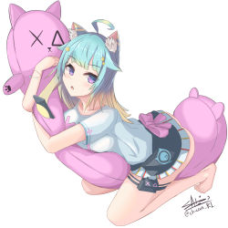 Rule 34 | 1girl, :o, absurdres, ahoge, animal ear fluff, animal ears, aqua hair, ass, bad anatomy, barefoot, black skirt, blonde hair, blush, body pillow, bow, breast press, breasts, cat ears, cat-shaped pillow, cellphone, collarbone, commentary request, copyright request, fang, frilled skirt, frills, full body, gradient hair, grey shirt, hair flaps, hair ornament, highres, looking at viewer, medium breasts, multicolored hair, hugging object, parted lips, phone, pillow, pillow hug, pink bow, prehensile hair, purple eyes, sato art, shirt, short sleeves, signature, simple background, skirt, solo, star (symbol), star hair ornament, twitter username, white background