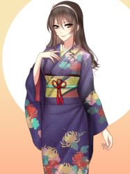 Rule 34 | 10s, 1girl, ashigara (kancolle), bad id, bad pixiv id, black hair, brown eyes, chrysanthemum print, floral print, flower, hair ornament, hand on own chest, headband, japanese clothes, kantai collection, kimono, lips, long hair, looking at viewer, meaomao, obi, sash, smile, solo, spider lily, upper body, wavy hair, wide sleeves, yukata