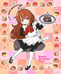 Rule 34 | 1girl, ahoge, alternate costume, apron, black dress, black footwear, blush, bow, brown eyes, brown hair, cake, cake slice, candle, checkered background, closed mouth, commentary request, daifuku, dated, dress, enmaided, fire, food, frilled apron, frills, fruit, full body, hair intakes, hand on own hip, happy birthday, highres, holding, holding tray, ichigo daifuku, juliet sleeves, kantai collection, kuma (kancolle), long hair, long sleeves, looking at viewer, maid, maid apron, mitya, outline, pantyhose, puddle, puffy sleeves, red bow, shoes, solo, strawberry, swiss roll, translation request, tray, twitter username, very long hair, wagashi, white apron, white outline, white pantyhose
