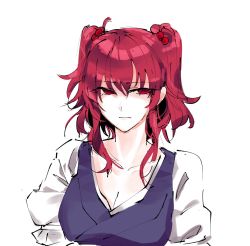 Rule 34 | 1girl, blue dress, breasts, cleavage, collarbone, dress, expressionless, hair between eyes, hair bobbles, hair ornament, highres, long hair, mappe (778exceed), medium breasts, onozuka komachi, red eyes, red hair, sidelocks, simple background, sketch, solo, touhou, upper body, white background, white dress