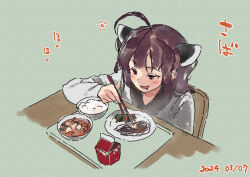 Rule 34 | 1girl, ahoge, blush, bowl, brown eyes, brown hair, chair, chopsticks, dated, drooling, food, food request, from above, green background, headgear, holding, holding chopsticks, japanese clothes, kimono, lamb (hitsujiniku), long sleeves, mouth drool, on chair, parted lips, plate, rice, simple background, sitting, solo, table, touhoku kiritan, translation request, twintails, voiceroid, white kimono, wide sleeves