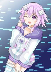 Rule 34 | 1girl, blue background, blush, breasts, choker, d-pad, d-pad hair ornament, female focus, hair ornament, happy, highres, hood, hoodie, leggings, looking at viewer, neptune (neptunia), neptune (series), one eye closed, open mouth, parka, purple eyes, purple hair, short hair, small breasts, smile, solo, striped clothes, striped thighhighs, thighhighs, thighs, upper body, water  wolf, wink