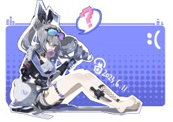 Rule 34 | 1girl, ?, absurdres, barefoot, bike shorts, black gloves, blowing bubbles, cellphone, chewing gum, crop top, cropped jacket, feet, fingerless gloves, fishnets, gloves, goggles, goggles on head, grey eyes, grey hair, highres, holding, holding phone, honkai: star rail, honkai (series), knees up, knife, legs, long hair, looking at viewer, phone, ponytail, silver wolf (honkai: star rail), sitting, smartphone, soles, solo, spoken question mark, toes, ulrica.h