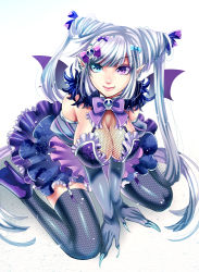 Rule 34 | 1girl, blue eyes, blush, bow, breasts, cleavage, dress, earrings, fingernails, fishnets, gloves, hair bow, heterochromia, high heels, jewelry, large breasts, lolita fashion, long fingernails, long hair, looking at viewer, matsurika youko, necklace, original, pointy ears, purple eyes, ribbon, shoes, sitting, skull, solo, thighhighs, twintails, very long hair, white hair, wings