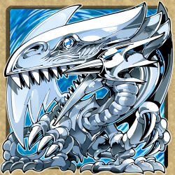 blue-eyes_white_dragon blue_background blue_eyes border brown_border claws dragon duel_monster kafun monster open_mouth sharp_teeth solo tagme tail teeth wings yu-gi-oh!