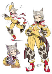 Rule 34 | 1girl, animal ears, arm up, blunt bangs, bodysuit, breasts, cat ears, dagger, dancing, facial mark, fangs, full body, gloves, highres, knife, nia (xenoblade), red footwear, ryuusei (mark ii), short hair, silver hair, small breasts, smile, solo, waving, weapon, white gloves, xenoblade chronicles (series), xenoblade chronicles 2, yellow bodysuit, yellow eyes