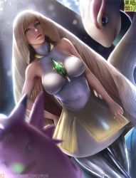 Rule 34 | 1girl, alternate breast size, alternate color, armpits, artist name, bare arms, bare shoulders, between breasts, blonde hair, blurry, blurry background, breasts, breasts apart, clefable, covered erect nipples, creatures (company), depth of field, dress, dutch angle, game freak, gem, gen 1 pokemon, gen 3 pokemon, green eyes, green gemstone, hand on own hip, large breasts, layered dress, leggings, lens flare, light smile, limgae, lips, long hair, looking at viewer, lusamine (pokemon), mature female, milotic, nintendo, parted bangs, parted lips, pokemon, pokemon (creature), pokemon sm, realistic, shiny clothes, sleeveless, sleeveless dress, standing, v, very long hair, watermark, web address, white dress