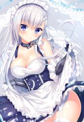 Rule 34 | 1girl, apron, apron hold, arm guards, azur lane, bare shoulders, belfast (azur lane), black dress, blush, border, braid, breasts, buttons, chain, cleavage, closed eyes, closed mouth, clothes lift, collar, collarbone, commentary request, contrapposto, corset, cowboy shot, double-breasted, dress, elbow gloves, french braid, frilled dress, frills, garter straps, gloves, head tilt, highres, lace, lace border, large breasts, lifting own clothes, light particles, long hair, looking at viewer, maid headdress, ornate border, pennant, petticoat, skirt, skirt lift, smile, solo, standing, string of flags, thighhighs, thighs, tomoo (tomo), very long hair, white apron, white gloves, white hair, white thighhighs