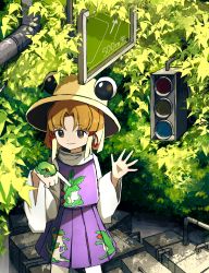 Rule 34 | 1girl, absurdres, alternate universe, animal, animal print, blonde hair, brown hat, bush, commentary request, cowboy shot, day, dot nose, frog, frog print, hair ribbon, hands up, hat, highres, holding, holding animal, industrial pipe, leaf, long sleeves, looking at viewer, medium hair, moriya suwako, neruzou, outdoors, parted bangs, pleated skirt, purple skirt, purple vest, red ribbon, ribbon, road sign, shirt, sidelocks, sign, skirt, skirt set, smile, solo, touhou, traffic light, tress ribbon, vest, waving, white shirt, wide sleeves, yellow eyes