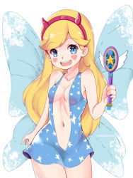 Rule 34 | 1girl, bare arms, bare shoulders, blonde hair, blue dress, blue eyes, breasts, breasts apart, butterfly wings, cowboy shot, dress, facing viewer, fake horns, heart cheeks, herijp, highres, horned hairband, horns, insect wings, legs together, long hair, looking at viewer, microdress, navel, no bra, open mouth, plunging neckline, revealing clothes, simple background, sleeveless, sleeveless dress, small breasts, smile, solo, standing, star butterfly, star vs the forces of evil, wand, wings