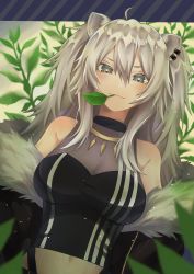 Rule 34 | 1girl, absurdres, ahoge, animal ears, bare shoulders, blush, breasts, cleavage, earrings, fang, fang out, fur-trimmed jacket, fur trim, gfpebs, grey eyes, grey hair, hair between eyes, highres, hololive, jacket, jewelry, large breasts, leaf, lion ears, lion girl, long hair, looking at viewer, midriff, mouth hold, necklace, open mouth, see-through, see-through cleavage, shirt, shishiro botan, shishiro botan (1st costume), sleeveless, sleeveless shirt, solo, virtual youtuber