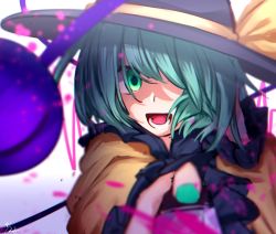 Rule 34 | 1girl, arm up, black hat, blouse, bow, frills, gradient background, green eyes, green hair, green nails, hair between eyes, hands up, hat, hat bow, highres, knife, komeiji koishi, light, long sleeves, mozuno (mozya 7), nail polish, one-hour drawing challenge, open mouth, phone, purple background, shadow, shirt, short hair, smile, solo, teeth, third eye, tongue, touhou, upper body, white background, yellow bow, yellow shirt, yellow sleeves