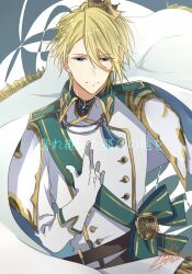 Rule 34 | 1boy, belt, blonde hair, blue eyes, brown belt, cape, closed mouth, coat, crown, etou kouki, gloves, hand on own chest, long sleeves, looking at viewer, male focus, mini crown, saji pow, short hair, smile, solo, translation request, tsukino talent production, tsukipro, white cape, white coat, white gloves