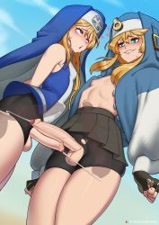 Rule 34 | 2boys, bike shorts, blonde hair, blue eyes, blush, bridget (guilty gear), bulge, cum, dual persona, ejaculation, fingerless gloves, foreskin, from below, gloves, guilty gear, guilty gear strive, guilty gear xx, heart, heart-shaped pupils, highres, huge penis, large penis, long hair, male focus, multiple boys, multiple penises, nipples, open mouth, penis, penis size difference, penises touching, phimosis, selfcest, shorts, skirt, stomach bulge, symbol-shaped pupils, testicles, torn clothes, trap, uncensored, veins, veiny penis, x-ray, yaoi, zipsha