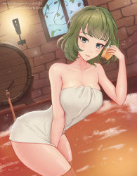 Rule 34 | 10s, 1girl, alcohol, alcohol bath, bare arms, bare shoulders, barrel, bath, bear, beer, between legs, blue eyes, blunt bangs, blush, breasts, cleavage, closed mouth, collarbone, cowboy shot, cup, drinking glass, dutch angle, eliskalti, foam, food, fruit, grapes, green eyes, green hair, hand between legs, heterochromia, holding, holding cup, holding drinking glass, idolmaster, idolmaster cinderella girls, indoors, lamp, large breasts, leaning forward, light, lips, looking at viewer, matching hair/eyes, mole, mole under eye, naked towel, shiny skin, short hair, smile, solo, standing, stone wall, takagaki kaede, thighs, towel, wading, wall, window