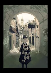 Rule 34 | 1girl, arch, awning, black border, black coat, black hat, black legwear, border, bow, breath, building, camera, cityscape, coat, commentary, gloves, graffiti, hair bow, hat, hat bow, higashino, highres, holding, holding camera, long sleeves, looking at viewer, original, outdoors, red eyes, short hair, sign, sky, snow, snowing, solo, standing, tower, white bow