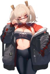 1girl absurdres adapted_costume black_jacket black_tube_top blonde_hair breasts burnice_white cowboy_shot highres jacket large_breasts looking_over_eyewear meplon midriff navel open_clothes open_jacket open_mouth oversized_jacket pants red-tinted_eyewear red_eyes revision solo stomach strapless thigh_gap tinted_eyewear tube_top two_side_up white_background yoga_pants zenless_zone_zero