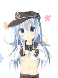 Rule 34 | 1girl, :o, anchor symbol, black hat, black skirt, blue eyes, blue hair, blush, clothes lift, commentary request, flat cap, hair between eyes, hat, head tilt, hibiki (kancolle), kantai collection, kushida you, lifted by self, long hair, long sleeves, looking at viewer, navel, parted lips, pleated skirt, school uniform, serafuku, shirt, shirt lift, skirt, sleeves past wrists, solo, stomach, very long hair, white background, white shirt
