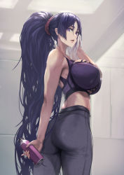Rule 34 | 1girl, absurdres, ass, bare shoulders, bottle, breasts, fate/grand order, fate (series), grey pants, high ponytail, highres, large breasts, long hair, looking at viewer, looking back, minamoto no raikou (fate), open mouth, pants, parted bangs, purple eyes, purple hair, purple sports bra, sports bra, thighs, towel, very long hair, water bottle, yasu (segawahiroyasu), yoga pants