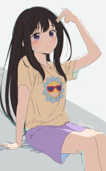 Rule 34 | 1girl, ama (ama ekaku), arm support, arm up, black hair, blush, closed mouth, collarbone, commentary, floral print, highres, inoue takina, long hair, looking at viewer, lycoris recoil, purple eyes, purple shorts, shirt, short sleeves, shorts, sidelocks, simple background, sitting, solo, t-shirt, twitter username, white background, yellow shirt