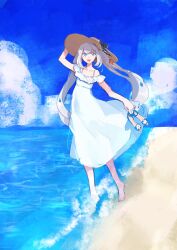 1girl barefoot beach blue_eyes blue_sky cloud commentary_request day dress dress_flower fate/grand_order fate_(series) floating_hair flower full_body hand_on_headwear hat highres holding holding_footwear holding_unworn_clothes horizon long_hair looking_at_viewer marie_antoinette_(fate) marie_antoinette_(fate/grand_order) marie_antoinette_(swimsuit_caster)_(fate) ocean off-shoulder_dress off_shoulder open_mouth outdoors sandals shironojiro sky smile solo spaghetti_strap standing starfish_hair_ornament sun_hat sundress twintails unworn_sandals waves white_dress white_flower