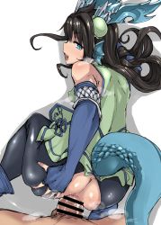 Rule 34 | 1boy, 1girl, :d, anal, back, bar censor, bare shoulders, black hair, black legwear, blue eyes, breasts, censored, covered erect nipples, doggystyle, dragon horns, dragon tail, fingerless gloves, fins, gloves, head fins, hetero, highres, horns, karin (p&amp;d), long hair, male pubic hair, open mouth, p (tidoriashi), penis, pov, pubic hair, puzzle &amp; dragons, sex, sex from behind, smile, tail, teeth, torn clothes