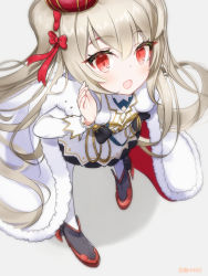 Rule 34 | 1girl, azur lane, blush, capelet, cloak, crown, fang, foreshortening, from above, gold, high heels, highres, leaning forward, long hair, looking at viewer, looking up, open mouth, red eyes, ribbon, shouting with hands, signature, silver hair, simple background, skin fang, slit pupils, solo, tansan daisuki, uniform, valiant (azur lane), white legwear