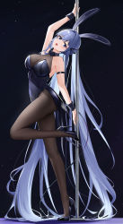 Rule 34 | 1girl, :d, animal ears, arm strap, arm up, azur lane, bare shoulders, black background, black dress, black footwear, blue eyes, blue hair, bodystocking, breasts, cleavage, dress, fake animal ears, from side, full body, hair intakes, high heels, highres, large breasts, leg up, long hair, looking at viewer, looking to the side, new jersey (azur lane), new jersey (exhilarating steps!) (azur lane), open mouth, pelvic curtain, pole, pole dancing, qing wu, rabbit ears, see-through, see-through cleavage, simple background, sleeveless, sleeveless dress, smile, solo, standing, standing on one leg, stripper pole, very long hair, wrist cuffs
