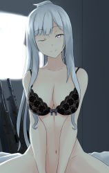 Rule 34 | 1girl, ak-12, ak-12 (girls&#039; frontline), ak-74m, arm support, assault rifle, bare arms, bed, bed sheet, black bra, blunt bangs, bottomless, bow, bow bra, bra, braid, breasts, cleavage, closed mouth, collarbone, cowgirl position, cyka, french braid, girls&#039; frontline, groin, gun, half-closed eye, highres, kalashnikov rifle, lingerie, long hair, looking at viewer, medium breasts, one eye closed, purple eyes, ribbon, rifle, sidelocks, silver hair, smile, stomach, straddling, thighs, underwear, uneven eyes, very long hair, weapon, window