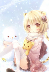 Rule 34 | 1girl, :&lt;, animal ears, blonde hair, female focus, hair ornament, hoshisaki yume, looking at viewer, original, sandals, scarf, snow, snowman, solo, stuffed animal, stuffed toy, tail, thighhighs, tiger ears, tiger tail, yellow eyes
