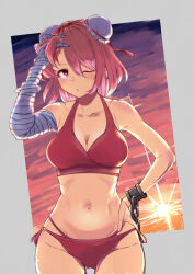 1girl bandaged_arm bandages bikini breasts bun_cover cleavage commentary_request cowboy_shot cuffs double_bun hair_between_eyes hair_bun hand_in_own_hair hand_on_own_hip highres ibaraki_kasen long_bangs looking_at_viewer medium_breasts navel one_eye_closed pink_hair red_bikini red_eyes shackles short_hair solo sunset swimsuit takeguchi_kouhei touhou