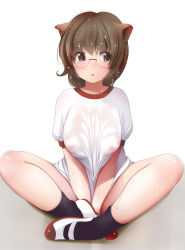 Rule 34 | 1girl, absurdres, alternate costume, animal ears, black socks, breasts, brown eyes, brown hair, closed mouth, covered erect nipples, futatsuiwa mamizou, glasses, gym uniform, highres, indian style, kozue akari, large breasts, looking to the side, nipples, no bra, raccoon ears, see-through, shirt, shirt tug, simple background, sitting, smile, socks, solo, thighs, touhou, v arms, wet, wet clothes, wet hair, wet shirt