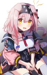 Rule 34 | 1girl, absurdres, animal ears, arknights, black headband, black skirt, blush, braid, breasts, cat ears, cat girl, cat tail, chestnut mouth, commentary, foot out of frame, frown, goldenglow (arknights), hands on lap, headband, highres, id card, jacket, lightning, lightning bolt print, looking at viewer, medium breasts, medium hair, messy hair, nekomatamago, open clothes, open jacket, open mouth, own hands together, pink footwear, pink hair, pink jacket, scissors, scottish fold, shirt, shoes, side braid, skirt, sneakers, solo, tail, tearing up, thighhighs, white shirt, white thighhighs, yellow eyes