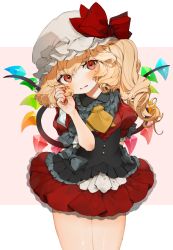 Rule 34 | 1girl, arm behind back, ascot, blonde hair, blush, bow, circle skirt, commentary, cowboy shot, crystal, fang, flandre scarlet, frilled shirt collar, frills, gotou (nekocat), hair between eyes, hand up, hat, hat bow, head tilt, highres, holding, holding own hair, long hair, looking at viewer, miniskirt, mob cap, nail polish, one side up, parted lips, pink background, pleated skirt, puffy short sleeves, puffy sleeves, red bow, red eyes, red nails, red shirt, red skirt, shirt, short sleeves, skirt, skirt set, solo, standing, thighs, touhou, two-tone background, white background, white hat, wings, yellow ascot